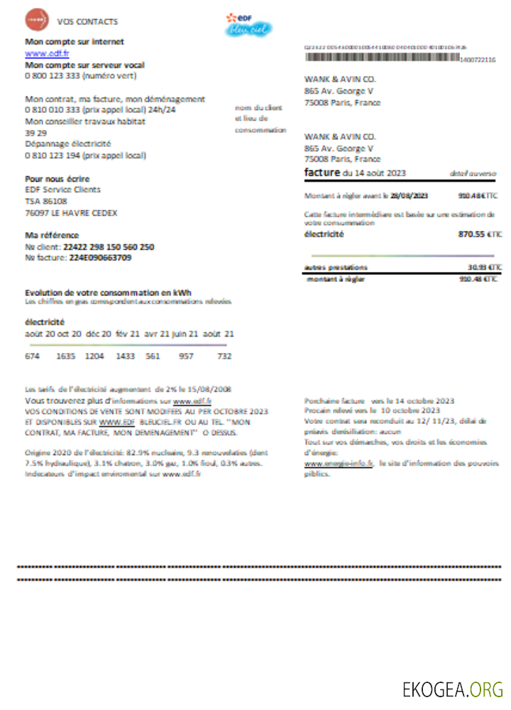 Justificatif de domicile EDF France facture entreprise de services publics, SCR